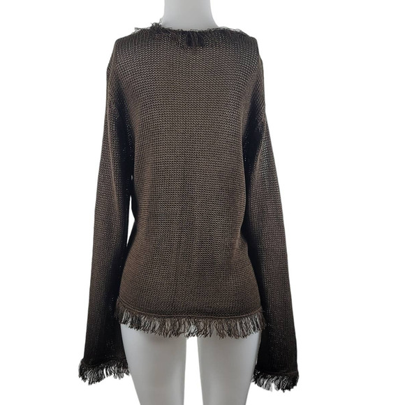 Chico's Brown Fringed Linen Blend Open Knit 1 Button Closure Jacket 3- L- 16 - Picture 3 of 5